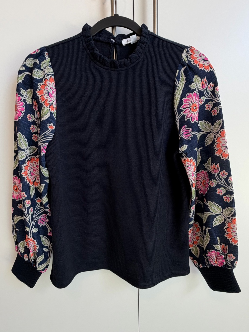 THML Sz XS Navy Floral Puff Sleeve Rib Knit Top Mock Neck Boho Cottagecore - Picture 2 of 11